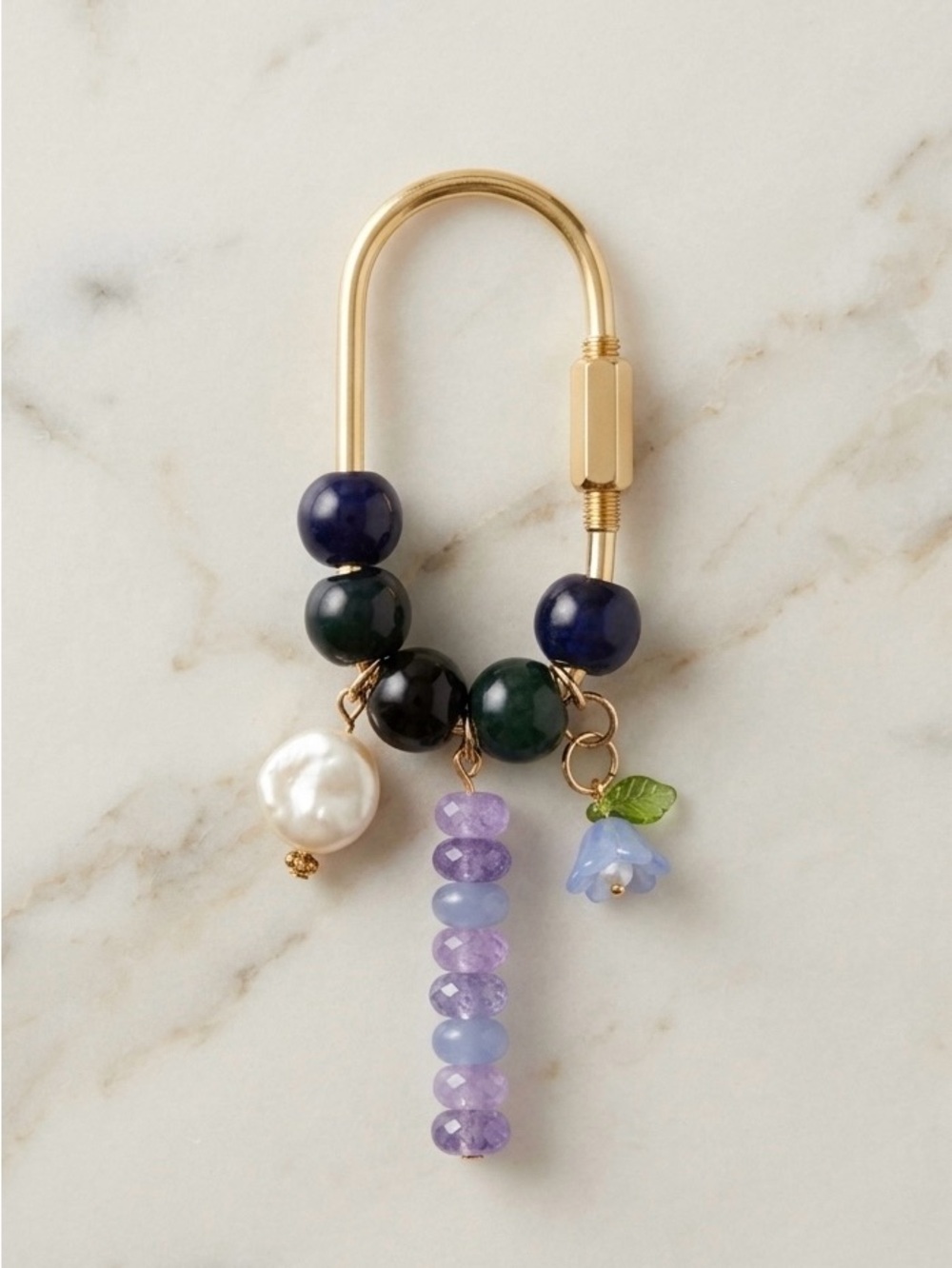 Viral Carabiner Beaded Bag Charm Keychain with Flower and Faux Pearl Charms